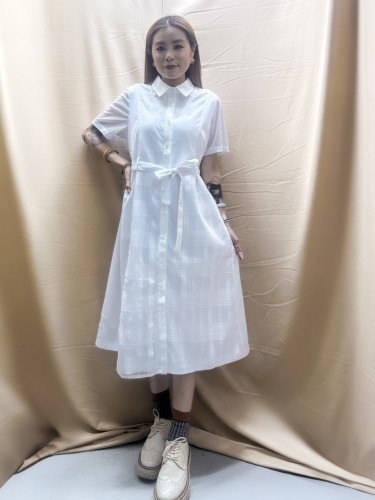 BS489 白色 條子蕾絲布拼條子網報恤衫裙
