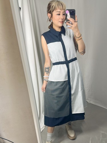 BS443 白色 提花格紋布 網布形次背心恤衫裙